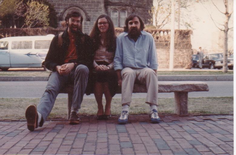 From left to right Ned Cooke, Claire Dempsey, and Myron Stachiw, on a bench in front of 226 Bay State Road, ca. 1980.