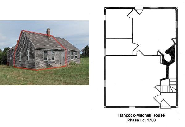 Figure 1. The Hancock-Mitchell house in Chilmark, MA., 2014. The red lines indicate the extent of the Phase 1 portion of the house, erected in c.1760. Photograph by The Cooper Group.