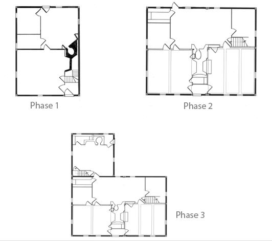 Figure 2. Plans of the three phases of construction of the Hancock-Mitchell House. Drawings by The Cooper Group, redrawn by Myron O. Stachiw.